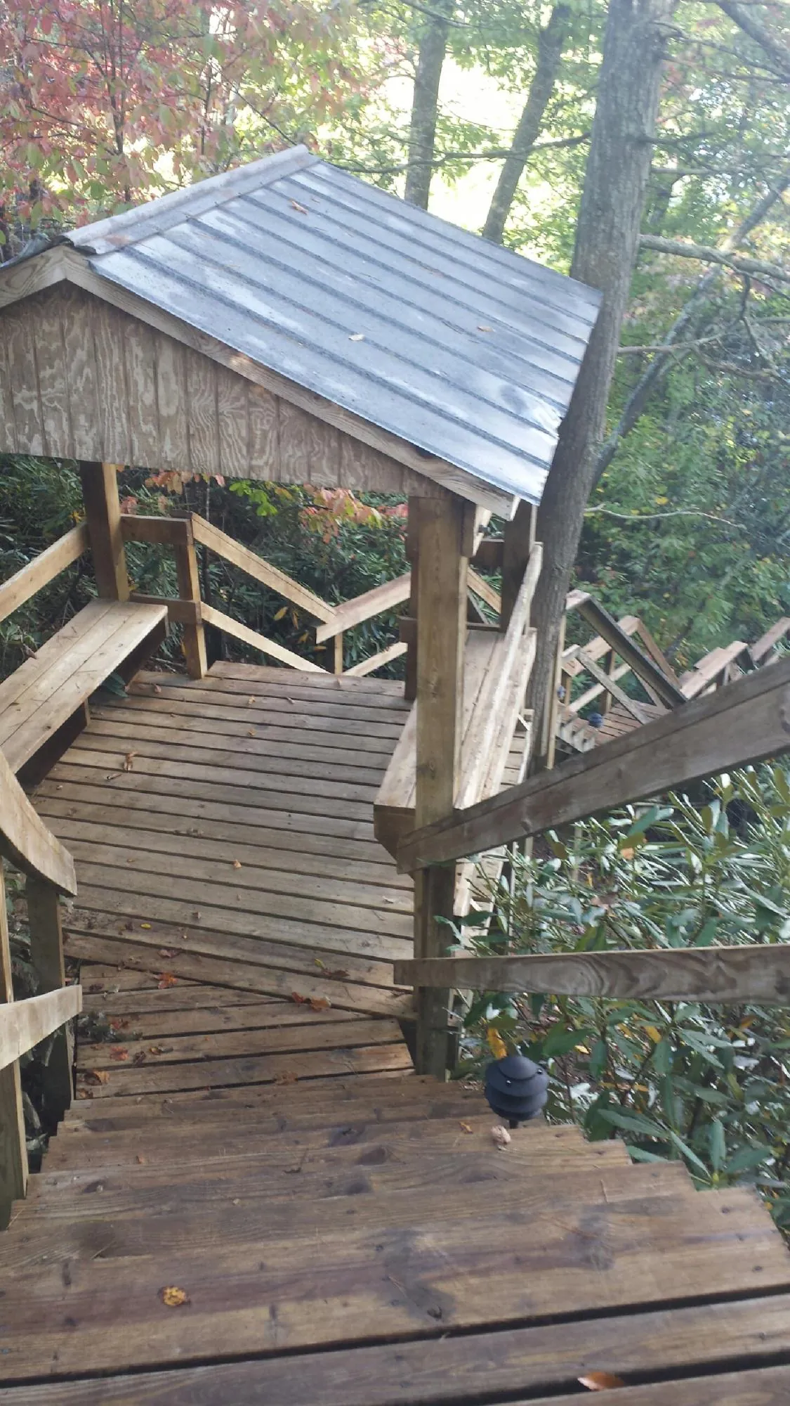 Metal roofed shelter over wooden steps on a wooded walkway — Skylight Repair & Installation work by our crew in Stout